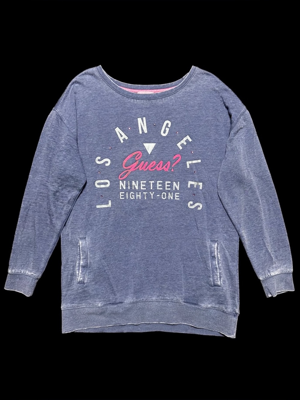 Guess Blue Pullover with Pink Logo and White Text